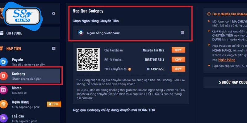 Thực hiện giao dịch nạp tiền theo đúng hướng dẫn các bước